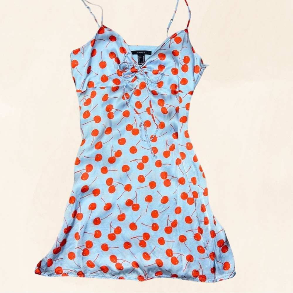 Blue and Red Cherry Print Slip Dress- Forever21 Size Medium